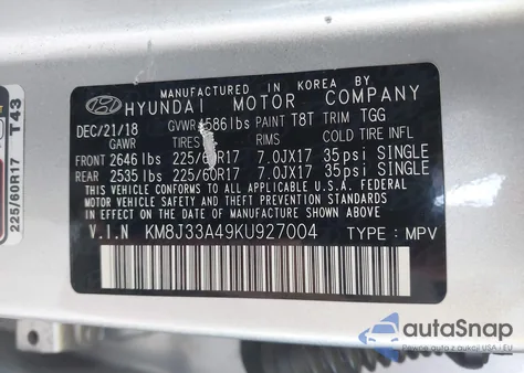 2019 Hyundai Tucson Value from USA, damaged, VIN KM8J33A49KU927004